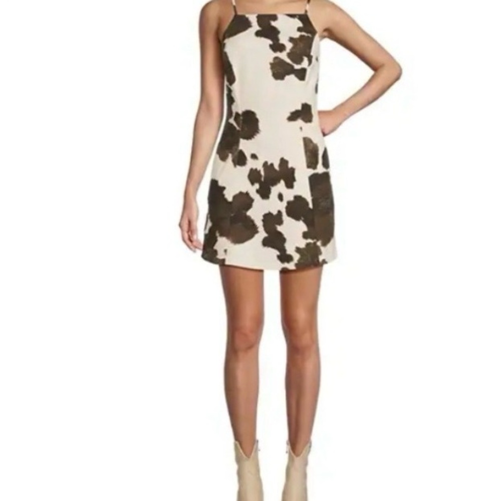 Spaghetti Strap Mini Dress in Cream with Brown Cow Print - Picture 2 of 2